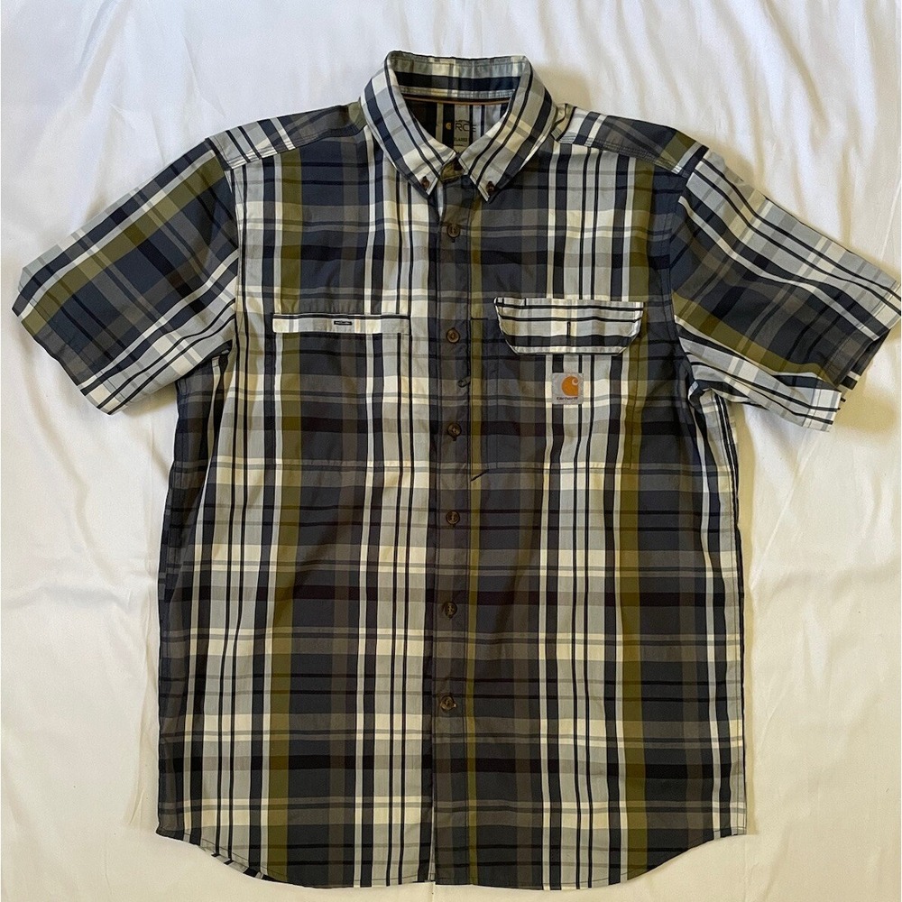 Carhartt RCE Men's Short Sleeve Sz L Button Blue Plaid Relax Fit Side Zip Pocket